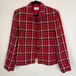 Liz Claiborne Villager Blazer Jacket Red Black White Plaid Size 12 Fully Lined